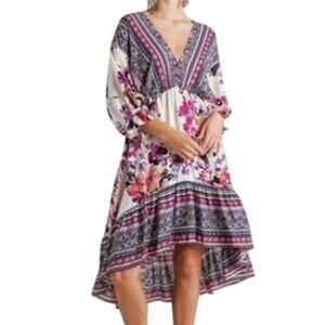 UMGEE Flowy Tie Back Mixed Print Bohemian Dress SMALL Deep Vneck Boho Beachy